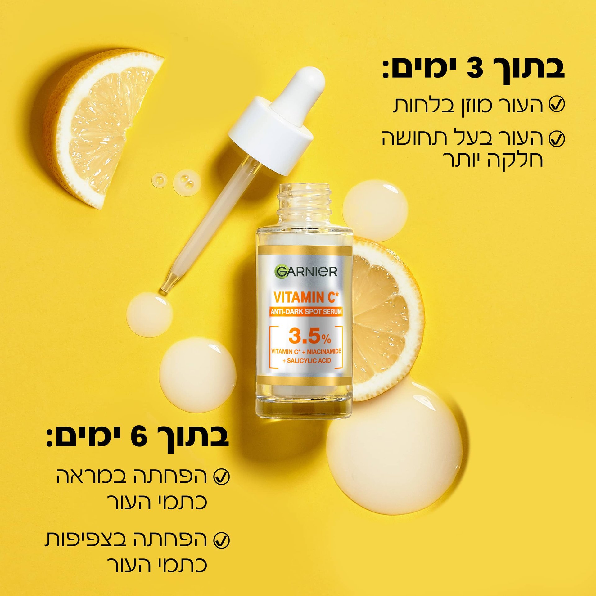 סרום ויטמין סי עם טפטפת פתוחה על רקע צהוב ולימונים